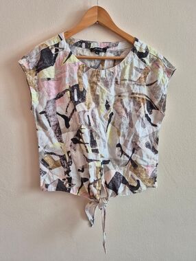 100% Linen CHARLIE B Abstract Print Tie-Front Blouse Small
